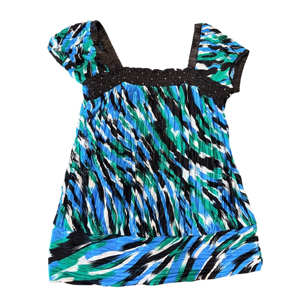 Y2K Abstract Print Blouse Womens Blue Green Beaded Babydoll Arty Statement Top M